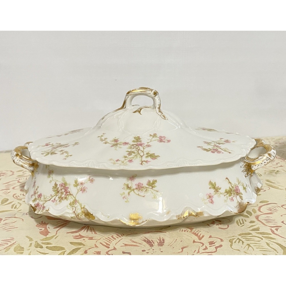 Haviland Limoges Oval Covered Serving Bowl Tureen Pink Floral Gold Antique